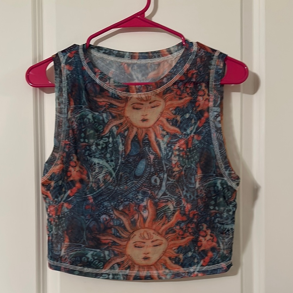 Sun and Moon Patterned Mesh Crop Top